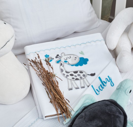 Σεντόνια Σετ “Baby” Λευκό Κέντημα Giraffe Blue