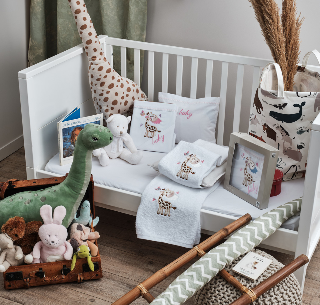 Σεντόνια Σετ “Baby” Λευκό Κέντημα Giraffe Pink