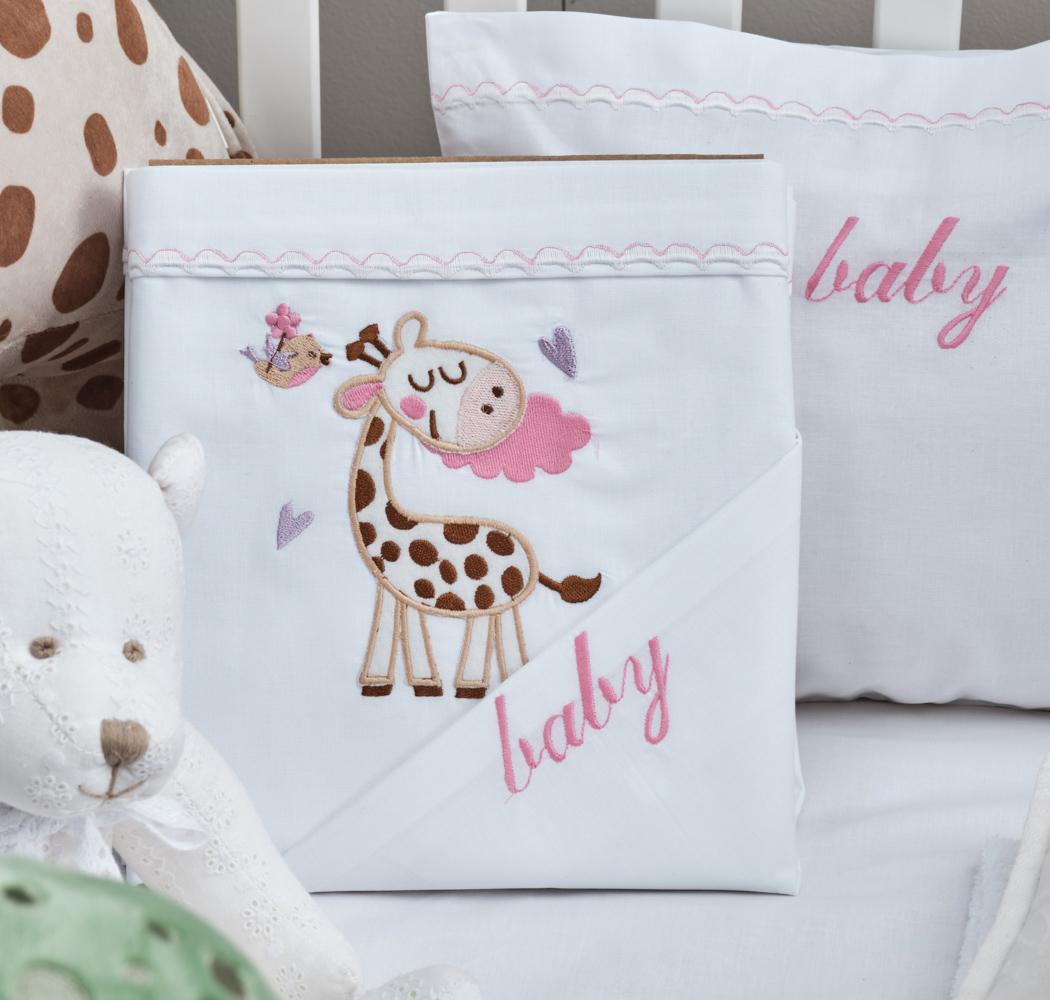 Σεντόνια Σετ “Baby” Λευκό Κέντημα Giraffe Pink