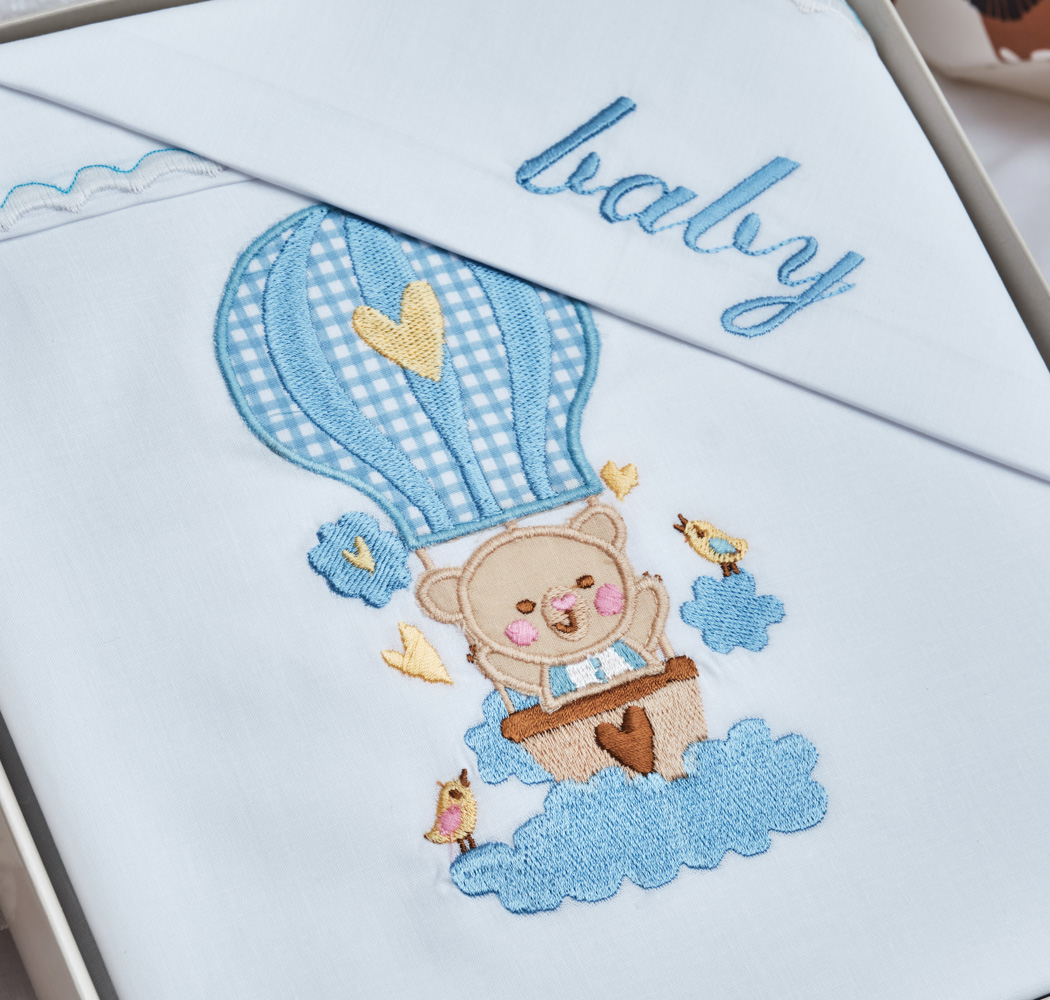 Σεντόνια Σετ “Baby” Λευκό Κέντημα Ballon Blue