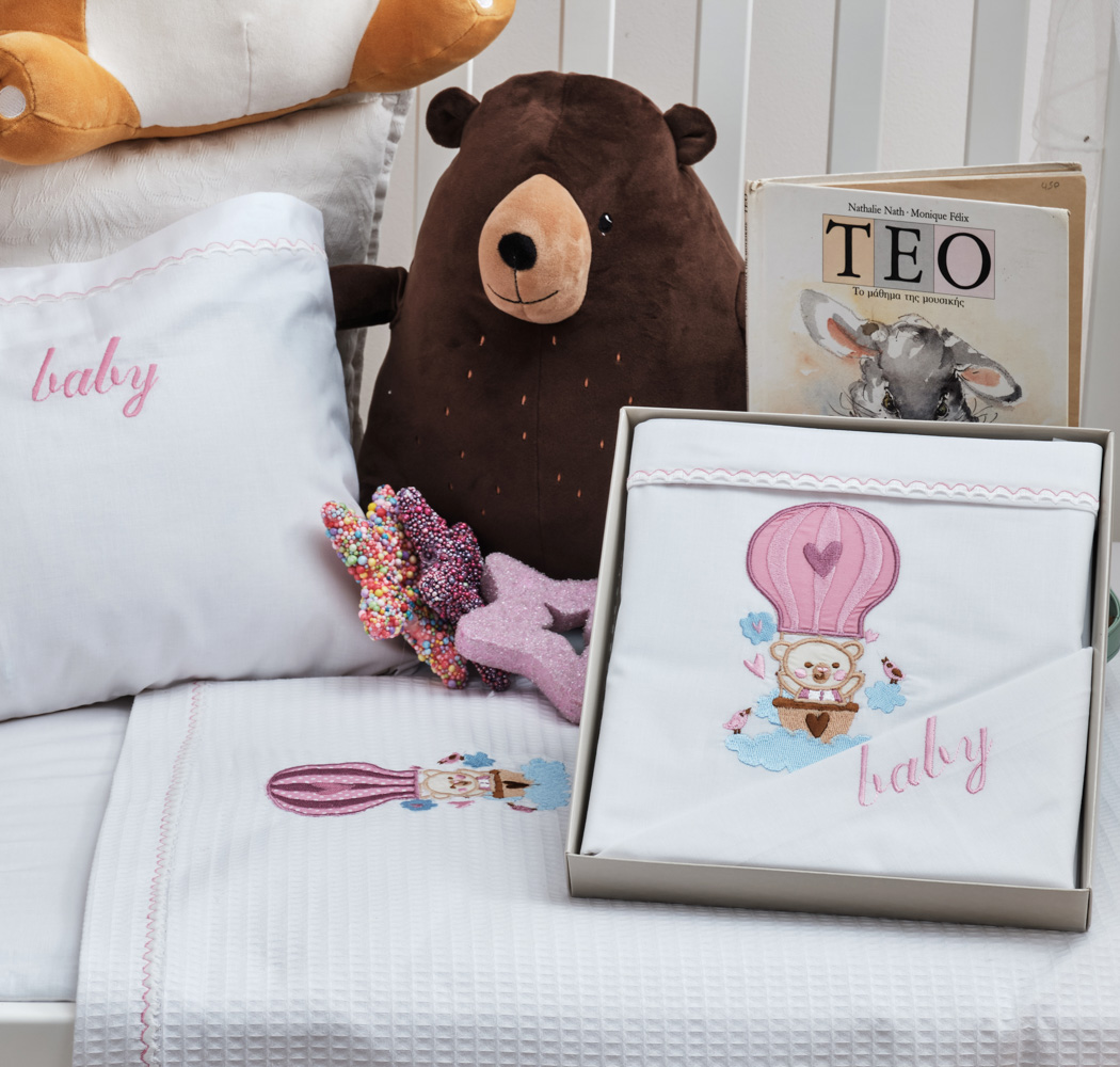 Σεντόνια Σετ “Baby” Λευκό Κέντημα Ballon Pink