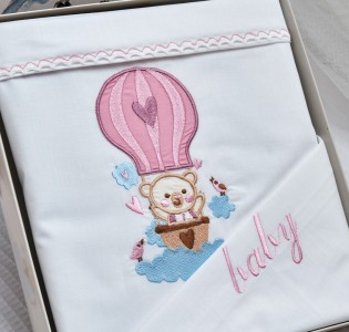 Σεντόνια Σετ “Baby” Λευκό Κέντημα Ballon Pink
