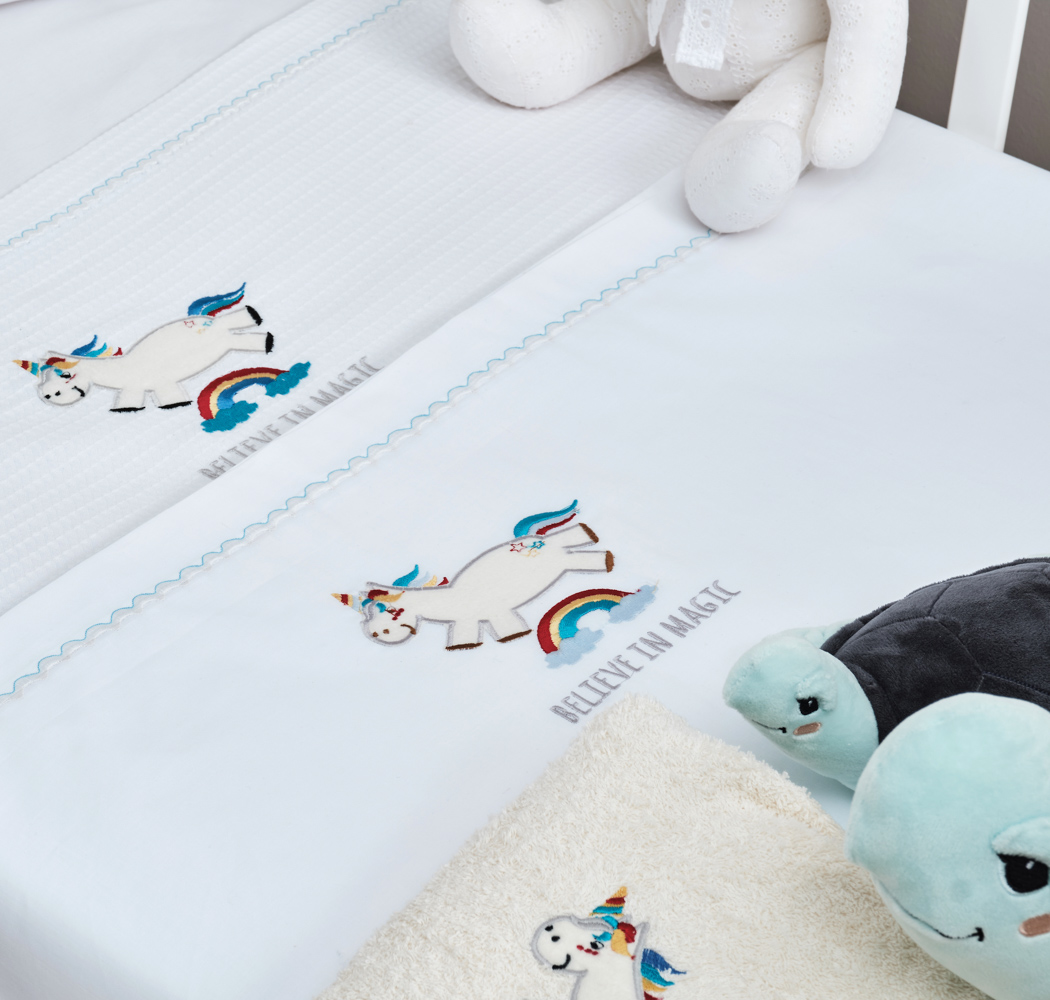 Σεντόνια Σετ “Baby” Λευκό Κέντημα Unicorn Blue