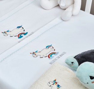 Σεντόνια Σετ “Baby” Λευκό Κέντημα Unicorn Blue