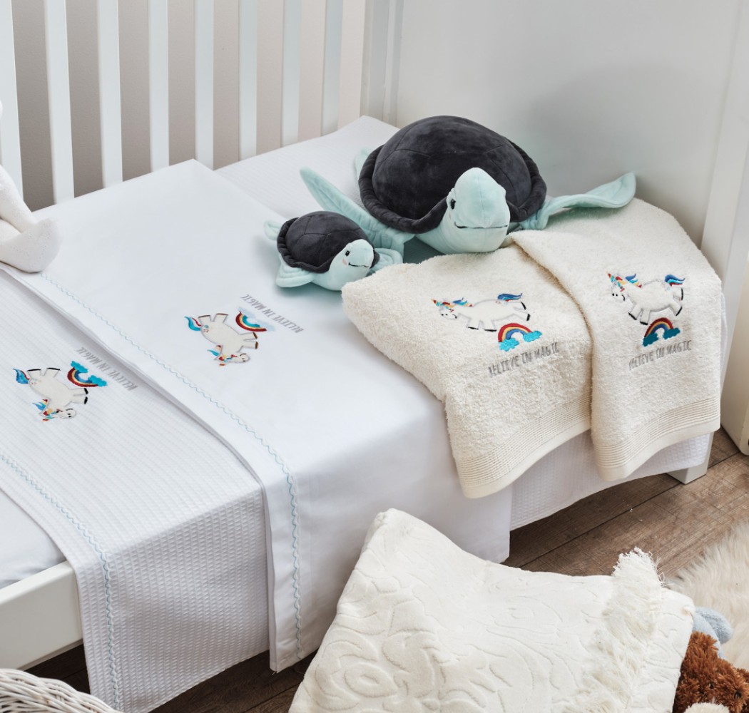 Σεντόνια Σετ “Baby” Λευκό Κέντημα Unicorn Blue