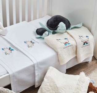 Σεντόνια Σετ “Baby” Λευκό Κέντημα Unicorn Blue