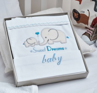 Σεντόνια Σετ “Baby” Λευκό Κέντημα Elephant Blue