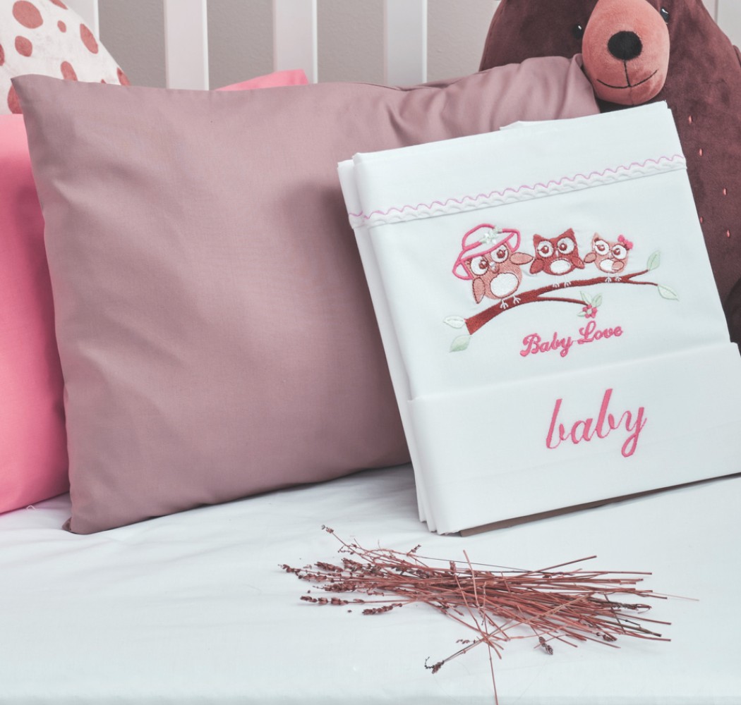 Σεντόνια Σετ “Baby” Λευκό Κέντημα Owl Pink