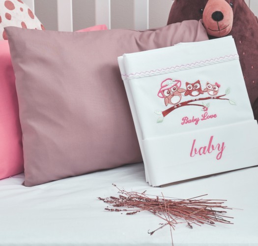 Σεντόνια Σετ “Baby” Λευκό Κέντημα Owl Pink