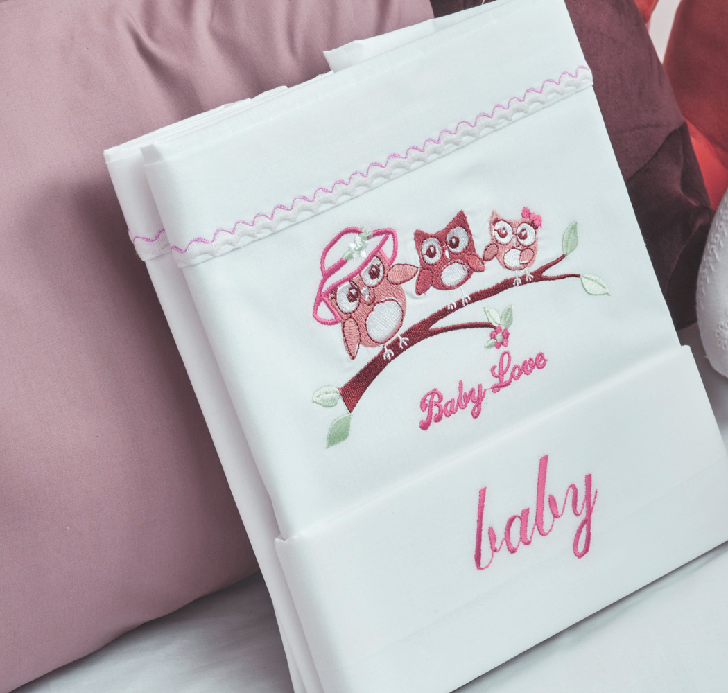 Σεντόνια Σετ “Baby” Λευκό Κέντημα Owl Pink