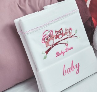Σεντόνια Σετ “Baby” Λευκό Κέντημα Owl Pink