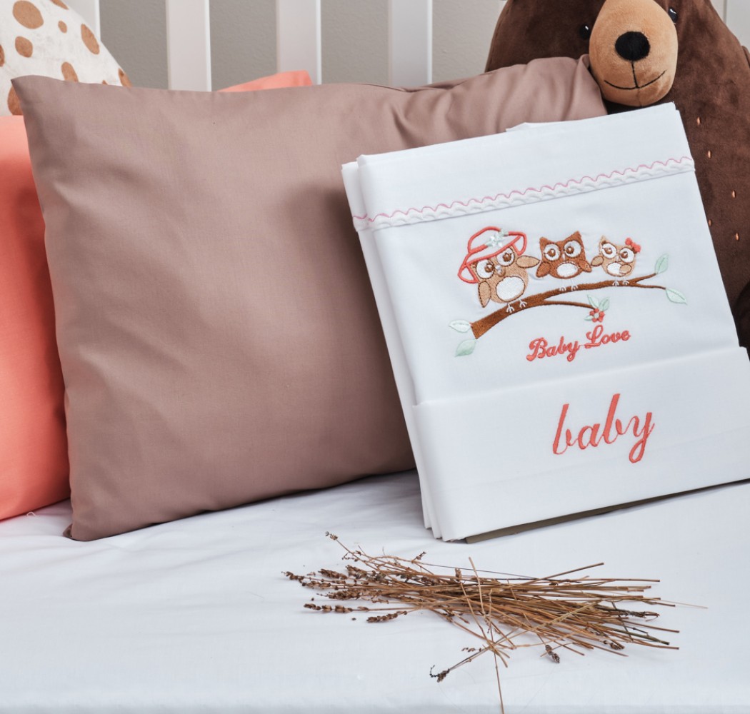 Σεντόνια Σετ “Baby” Λευκό Κέντημα Owl Apricot