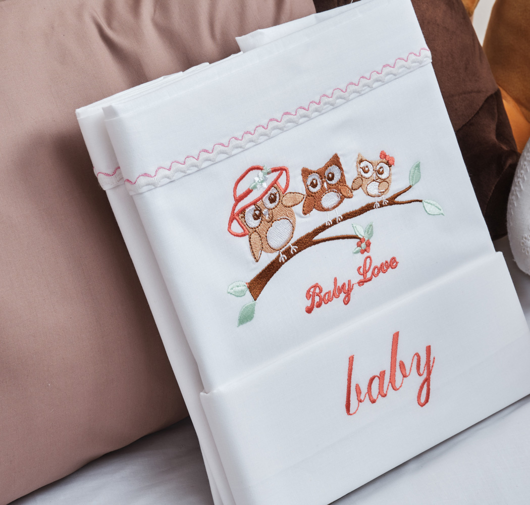 Σεντόνια Σετ “Baby” Λευκό Κέντημα Owl Apricot