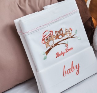 Σεντόνια Σετ “Baby” Λευκό Κέντημα Owl Apricot