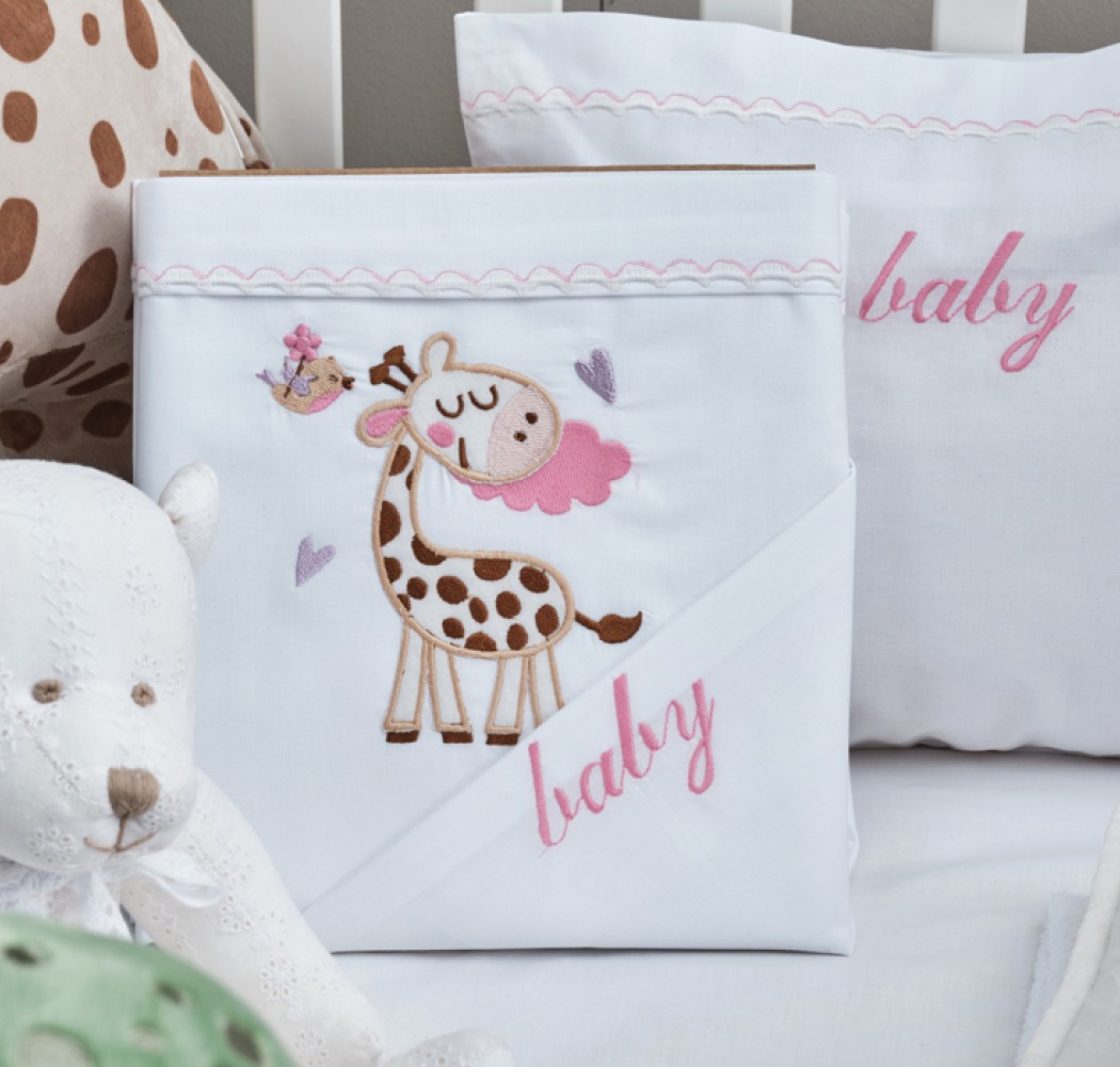 Piquet Blanket with a Giraffe Pink Embroidery - White