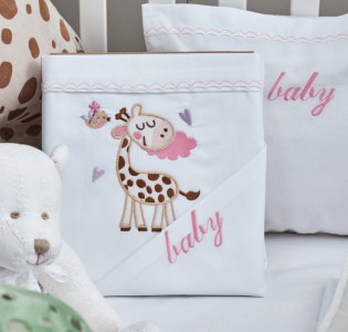 Piquet Blanket with a Giraffe Pink Embroidery - White