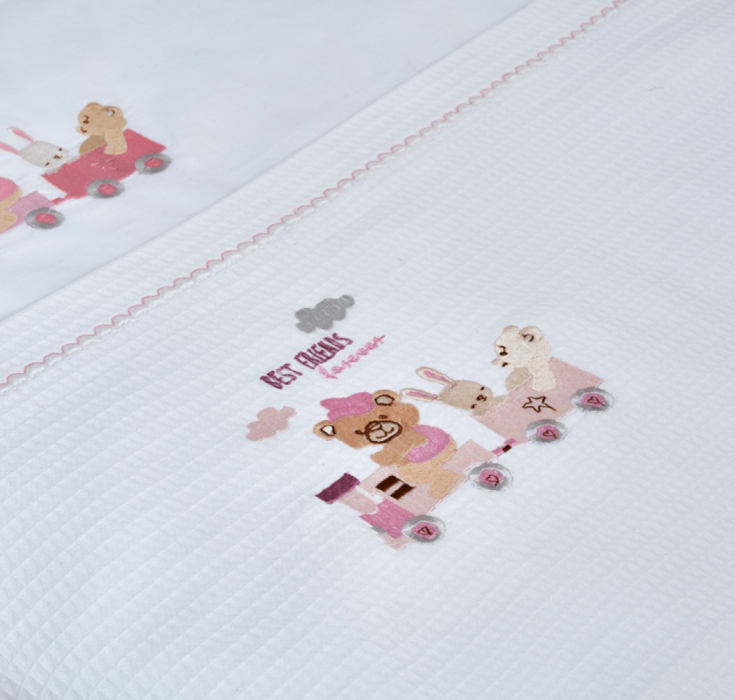 Piquet Blanket with a Pink Train Embroidery - White