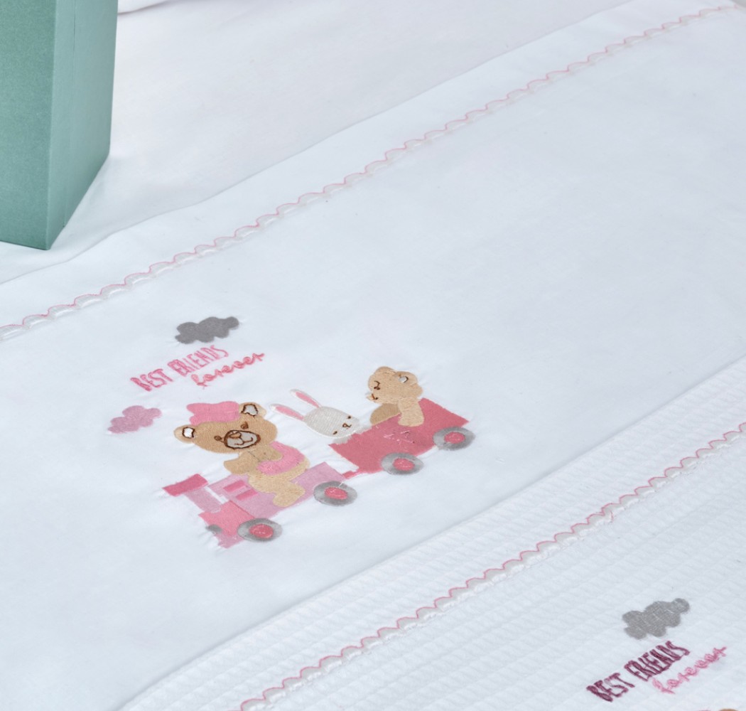 Piquet Blanket with a Pink Train Embroidery - White
