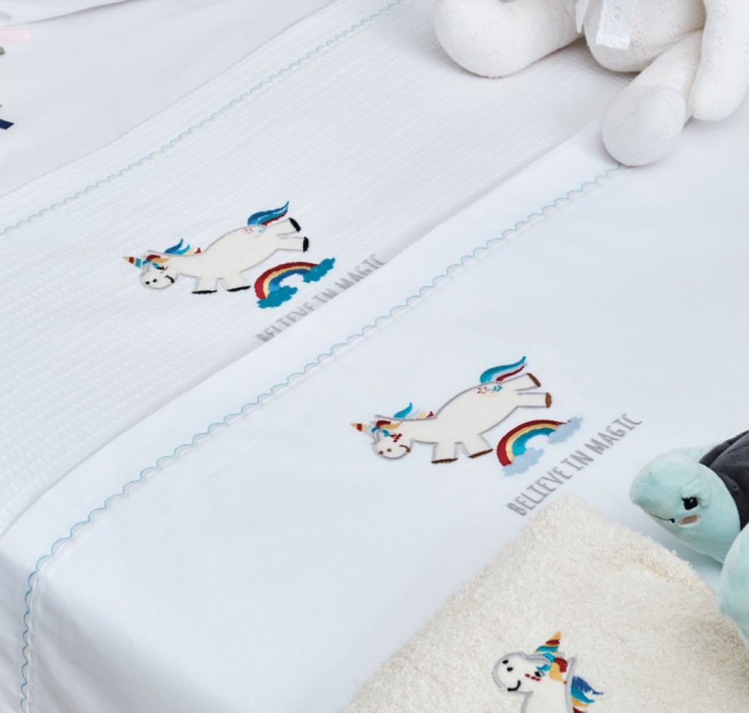 Κουβέρτα “Baby” Πικέ Κέντημα Unicorn Blue