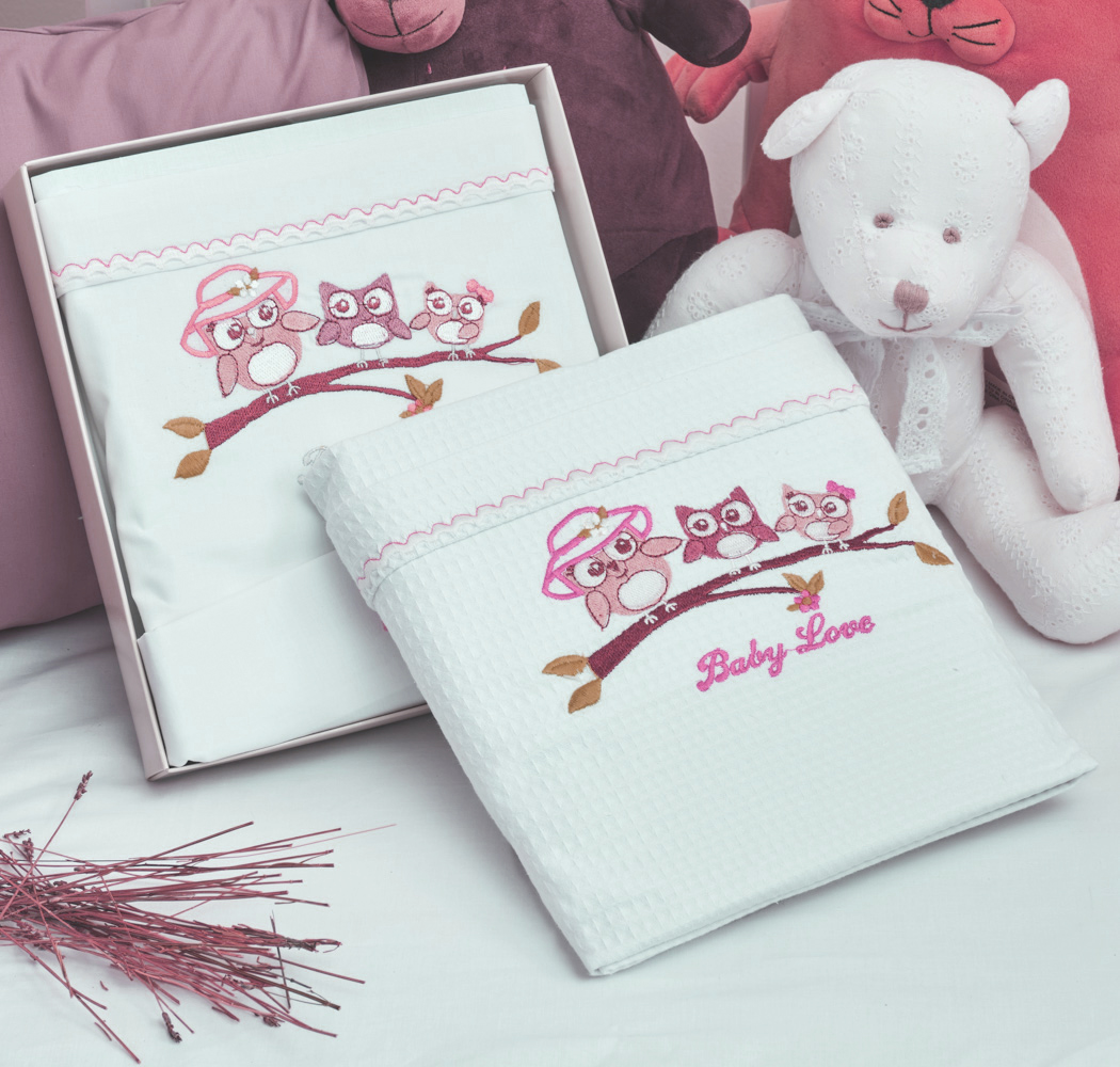 Κουβέρτα “Baby” Πικέ Κέντημα Owl Pink