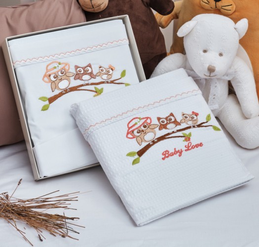Κουβέρτα “Baby” Πικέ Κέντημα Owl Apricot