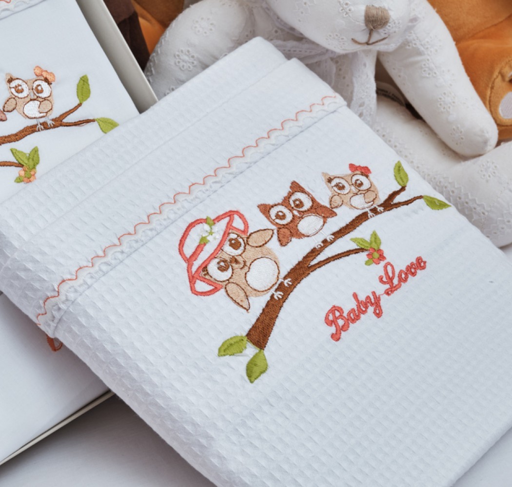 Κουβέρτα “Baby” Πικέ Κέντημα Owl Apricot