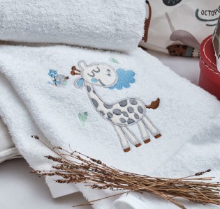 Πετσέτες Σετ “Kids With Love” Λευκές Κέντημα Giraffe Blue