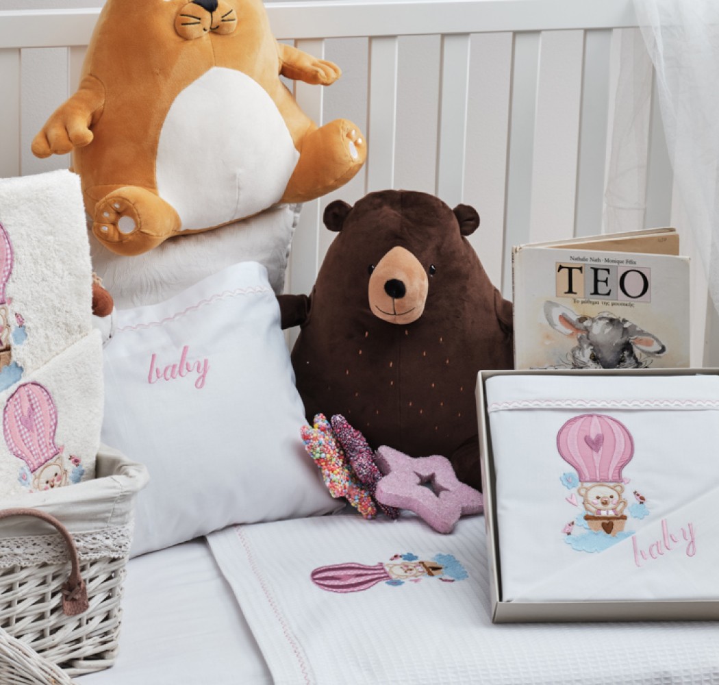 Πετσέτες Σετ “Kids With Love” Λευκές Κέντημα Balloon Pink
