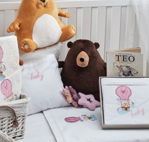 Πετσέτες Σετ “Kids With Love” Λευκές Κέντημα Balloon Pink