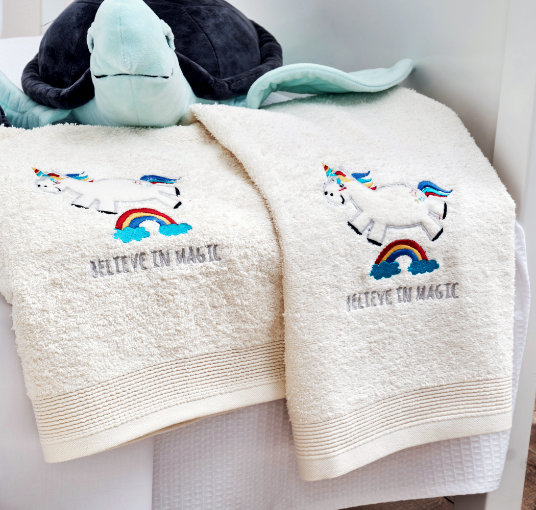 Towel with a Blue Unicorn Embroidery 