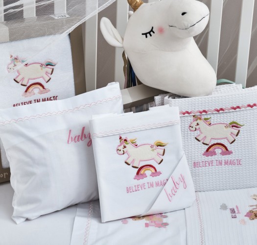 Πετσέτες Σετ “Kids With Love” Λευκές Κέντημα Unicorn Pink