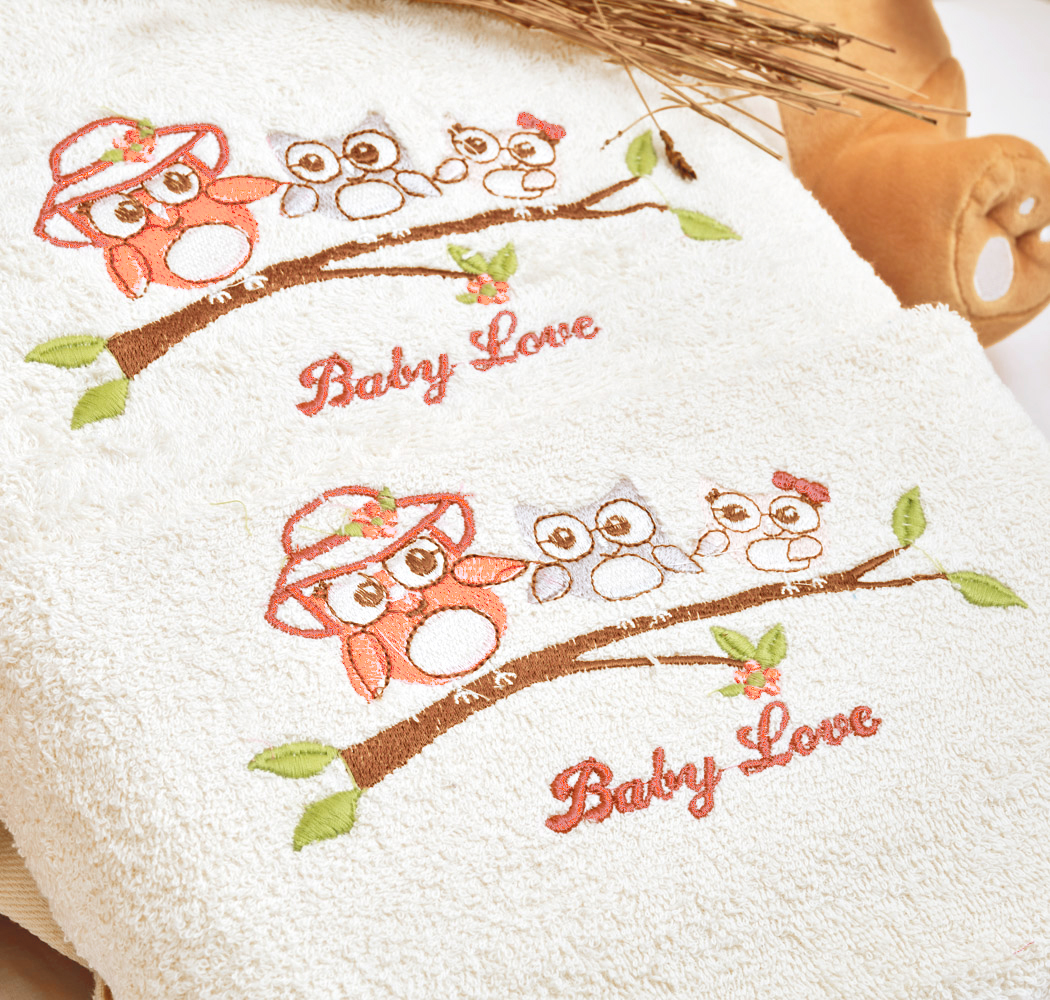 Πετσέτες Σετ “Kids With Love” Λευκές Κέντημα Owl Apricot