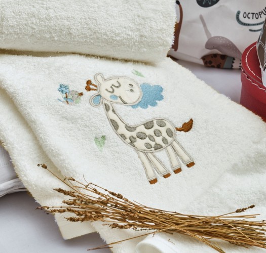 Πετσέτες Σετ “Kids With Love” Εκρού Κέντημα Giraffe Blue