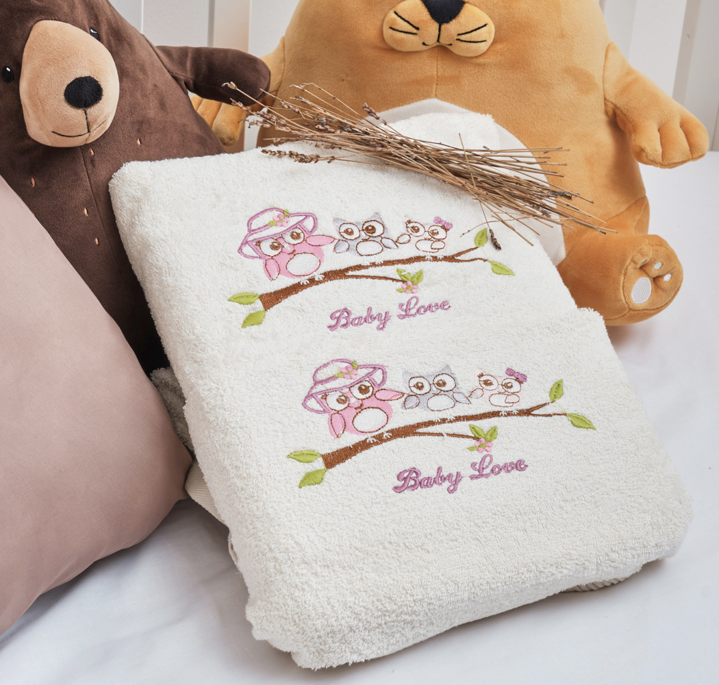 Πετσέτες Σετ “Kids With Love” Εκρού Κέντημα Owl Pink