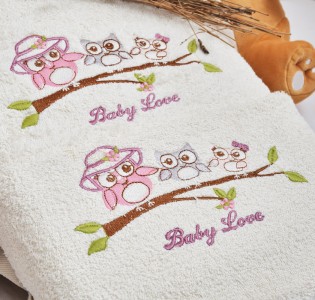 Πετσέτες Σετ “Kids With Love” Εκρού Κέντημα Owl Pink