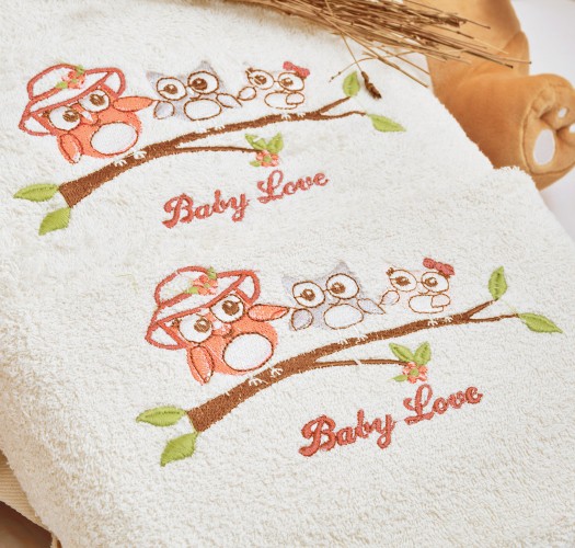 Πετσέτες Σετ “Kids With Love” Εκρού Κέντημα  Owl Apricot