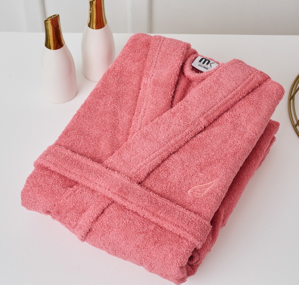 Pure Cotton Bathrobe with Collar - Rose Pink