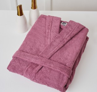 Pure Cotton Bathrobe with Collar - Dusty Purple