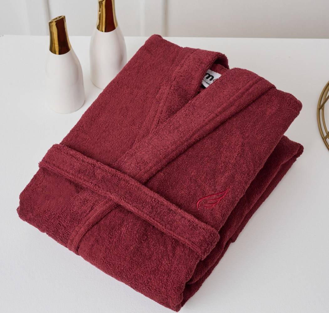 Pure Cotton Bathrobe with Collar - Burgundy