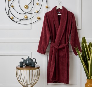 Pure Cotton Bathrobe with Collar - Burgundy
